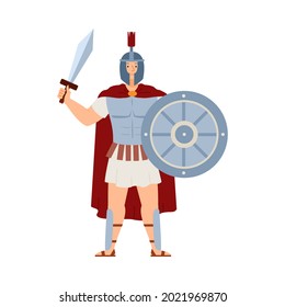 Ares greek deity of war. Strong male in armor with sword and shield in hands. Olympian god ancient greece mythology, son of zeus and hera. Flat vector isolated illustration.