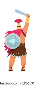 Ares Greek god of war. Cartoon male character of Greece religious myths. Muscular divine man holding shield and raising sword. Isolated ancient warrior. Vector deity of Olympic pantheon
