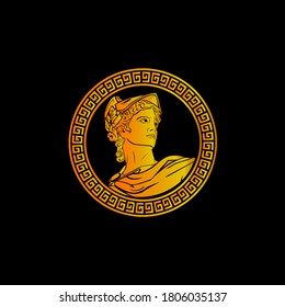 Ares, Greek god of war with circle and golden color logo. 