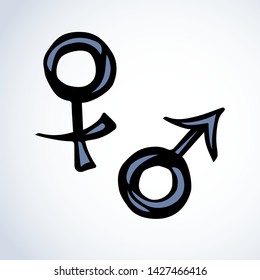Ares and Ishtar person mark shape on white backdrop. Web outline logo concept. Freehand linear black ink hand drawn emblem sketchy in art retro scribble contour style. View closeup with space for text