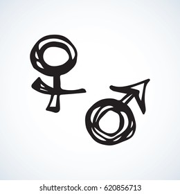 Ares and Ishtar person mark shape on white backdrop. Web outline logo concept. Freehand linear black ink hand drawn emblem sketchy in art retro scribble contour style. View closeup with space for text