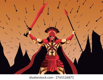 ares mars greek god of war on battlefield with weapons