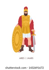 Ares or Mars - Olympian god or deity of war in Greek and Roman religion and mythology. Male character wearing armor and helmet isolated on white background. Flat cartoon colorful vector illustration.