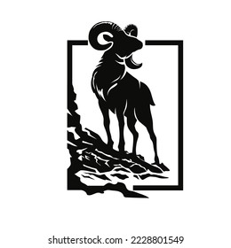 argali mountain sheep silhouette with rock and square background illustration