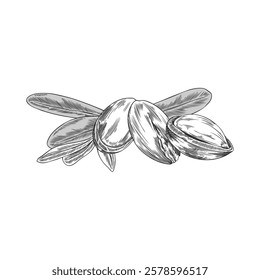 Argan leaves and nuts engraved sketch vector illustration. Natural essential oil stone fruits. Organic farm food plant isolated on white background. Hand drawn cosmetic and medical plant ink style