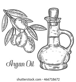 Argan nut oil bottle, berry, leaf, branch, plant. Hand drawn engraved vector sketch etch illustration. Ingredient for hair and body care cream, lotion, treatment, moisture. Black on white background