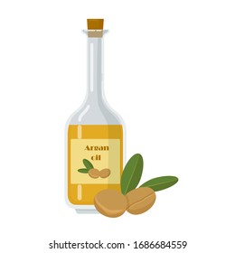 Argan oil bottle and fruit with leaf. Liquid produced from kernels used for scincare and hair. Glass container with narrow neck isolated on white vector illustration.