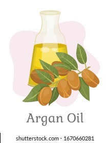 Argan oil branch of nuts with leaves and liquid in glass isolated on white. Card with natural ingredient for healthcare and spa procedure. Therapy for hair with vegetarian product in bowl vector