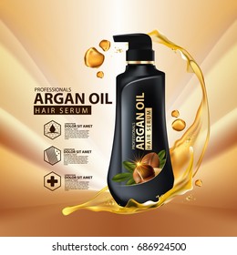 argan oil hair care protection contained in bottle ,golden and black background 3d illustration