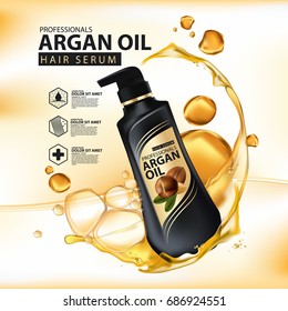 argan oil hair care protection contained in bottle ,golden and black background 3d illustration