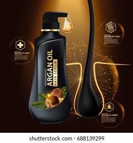 Argan Oil Hair Care Protection Contained In Bottle ,golden And Black Background 3d Illustration