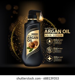 argan oil hair care protection contained in bottle ,golden and black background 3d illustration