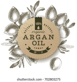 Argan Oil Label With Type Design Over Hand Drawn Nuts Background. Vector Illustration