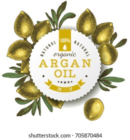 Argan Oil Label With Type Design Over Hand Drawn Nuts Background. Vector Illustration