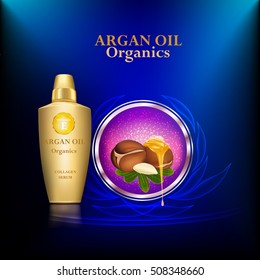 Argan oil organics collagen serum. Beauty Concept Skin Care Cosmetic.Background Vector Concept with gold bottle, argan and green leaves in ellipse lightinf effect