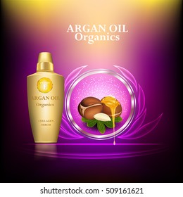Argan oil organics collagen serum. Beauty Concept Skin Care Cosmetic.Background Vector Concept with gold bottle, argan and green leaves in ellipse lightinf effect