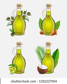 Argan, olive, coconut and almond oil set. Vector realistic illustration of different types of oil in glass bottles with fruit, nuts, leaves, used in cooking and cosmetics.