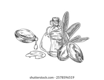 Argan tree open nut with oil drops, leaves and bottle of oil engraved sketch vector illustration. Natural essential dripping oil fruit. Hand drawn cosmetic and medical plant. Organic farm product
