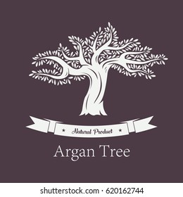Planta de argania o árbol de argán con ramas y follaje. Producto alimenticio vegetariano o vegano natural y orgánico de la fruta, producción cosmética del cuidado de piel. Etiqueta de la botella o logotipo de la arboleda, biología