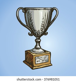 Argent old ui rank won player status vase isolated on yellow backdrop. Freehand outline ink hand drawn scribble icon sketch in art retro scribble style pen on paper. Closeup view with space for text