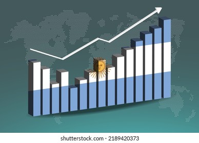 Argentinien 3D-Bardiagramm mit Höhen und Tiefen, steigende Werte, Argentinienlandflagge auf 3D-Balken-Grafik, aufsteigender Pfeil auf Daten, Nachrichtenbanner-Idee, Entwicklungslandkonzept