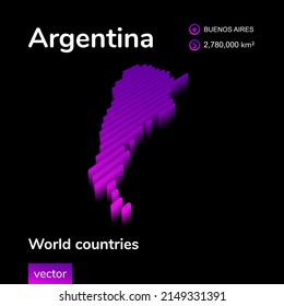Argentina 3D map. Stylized striped digital neon isometric vector Map of Argentina is in violet colors on black background