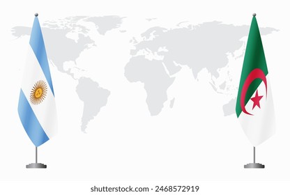 Argentina and Algeria flags for official meeting against background of world map.