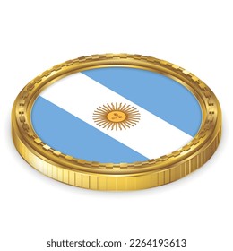 Argentina (AR) National Flag Round Icon 2.5D Isometric Projection View Gold Coin Isolated on White Background