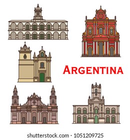 Argentina architecture landmarks and famous building line facade icons. Vector set of churches of Salta and Saint Bernard monastery, Buenos Aires town hall and San Francisco cathedral of Latin America