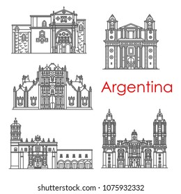 Argentina architecture landmarks and famous building line facade icons. 