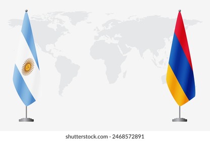 Argentina and Armenia flags for official meeting against background of world map.