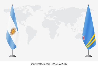 Argentina and Aruba flags for official meeting against background of world map.