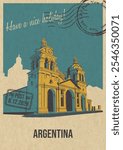 Argentina Attraction Postcard, Medieval Cathedral Illustration, Vector Template Retro Style Greeting Card with handwriting wish. Postal Imprint, Aged Paper Texture