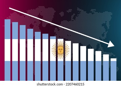 Gráfico del gráfico de barras argentino, valores decrecientes, concepto de crisis y degradación, bandera argentina en el gráfico de barras, flecha abajo en los datos, idea de banner de noticias, falla y disminución, estadística financiera