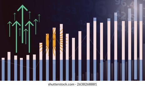 Argentina bar chart graph, increasing values, country statistics concept, Argentina country flag on bar graph, upward rising arrow on data, news banner idea