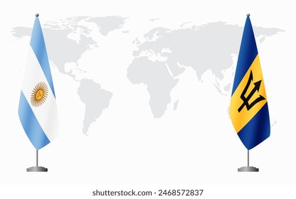 Argentina and Barbados flags for official meeting against background of world map.