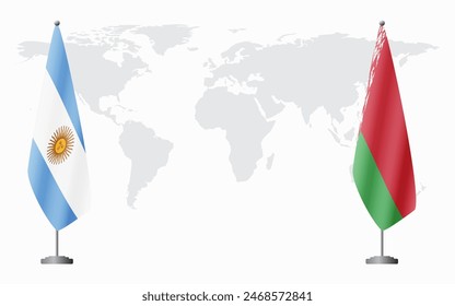 Argentina and Belarusian flags for official meeting against background of world map.