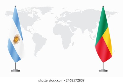 Argentinien und Benin Flaggen für offizielle Sitzung vor dem Hintergrund der Weltkarte.