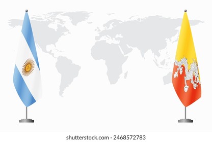 Argentina and Bhutan flags for official meeting against background of world map.