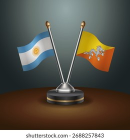 Argentinien- und Bhutan-Tischfahnen mit Farbverlauf-Hintergrund. Vektorgrafik