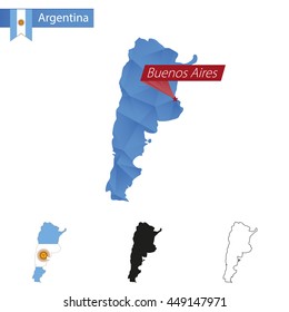 Argentina blue Low Poly map with capital Buenos Aires, four versions of map. Vector Illustration.