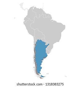 Argentina in blue on the grey model of South America map. Vector illustration
