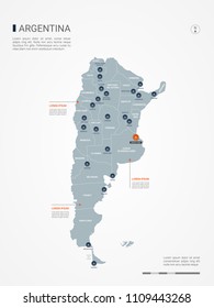 Argentina with borders, cities, capital Buenos Aires and administrative divisions. Infographic vector map. Editable layers clearly labeled.
