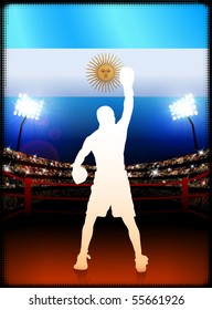 Evento de boxeo en Argentina con fondo estadio e iluminación original con bandera