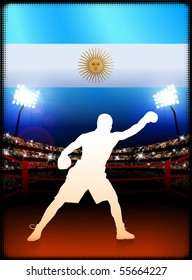 Evento de boxeo en Argentina con fondo estadio e iluminación original con bandera