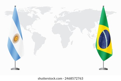 Argentina and Brazil flags for official meeting against background of world map.