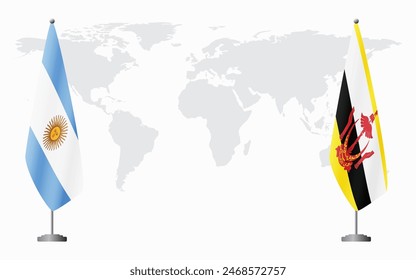 Argentina and Brunei flags for official meeting against background of world map.