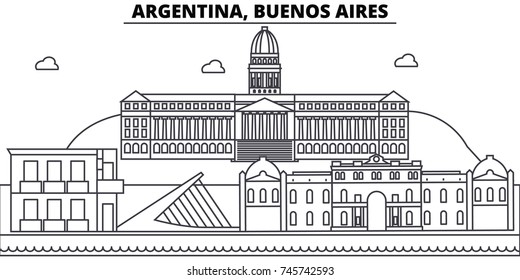 Argentina, Buenos Aires architecture skyline buildings, silhouette, outline landscape, landmarks. Editable strokes. Urban skyline illustration. Flat design vector, line concept