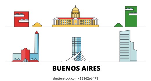 Argentina, Buenos Aires City flat landmarks vector illustration. Argentina, Buenos Aires City line city with famous travel sights, skyline, design. 