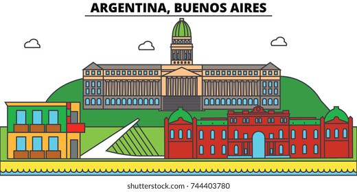 Argentina, Buenos Aires outline city skyline, linear illustration, banner, travel landmark, buildings silhouette,vector